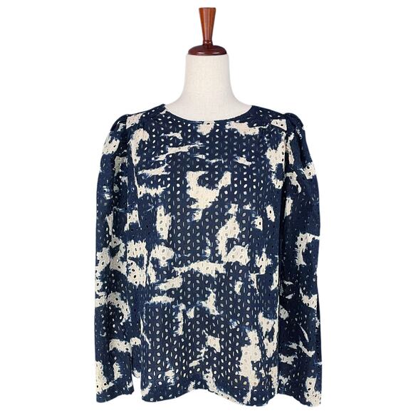 MUNTHE Rosalyn Tie-Dye Organic Cotton Long-Sleeve Eyelet Navy Blouse EU 38/US 8 - Picture 1 of 8